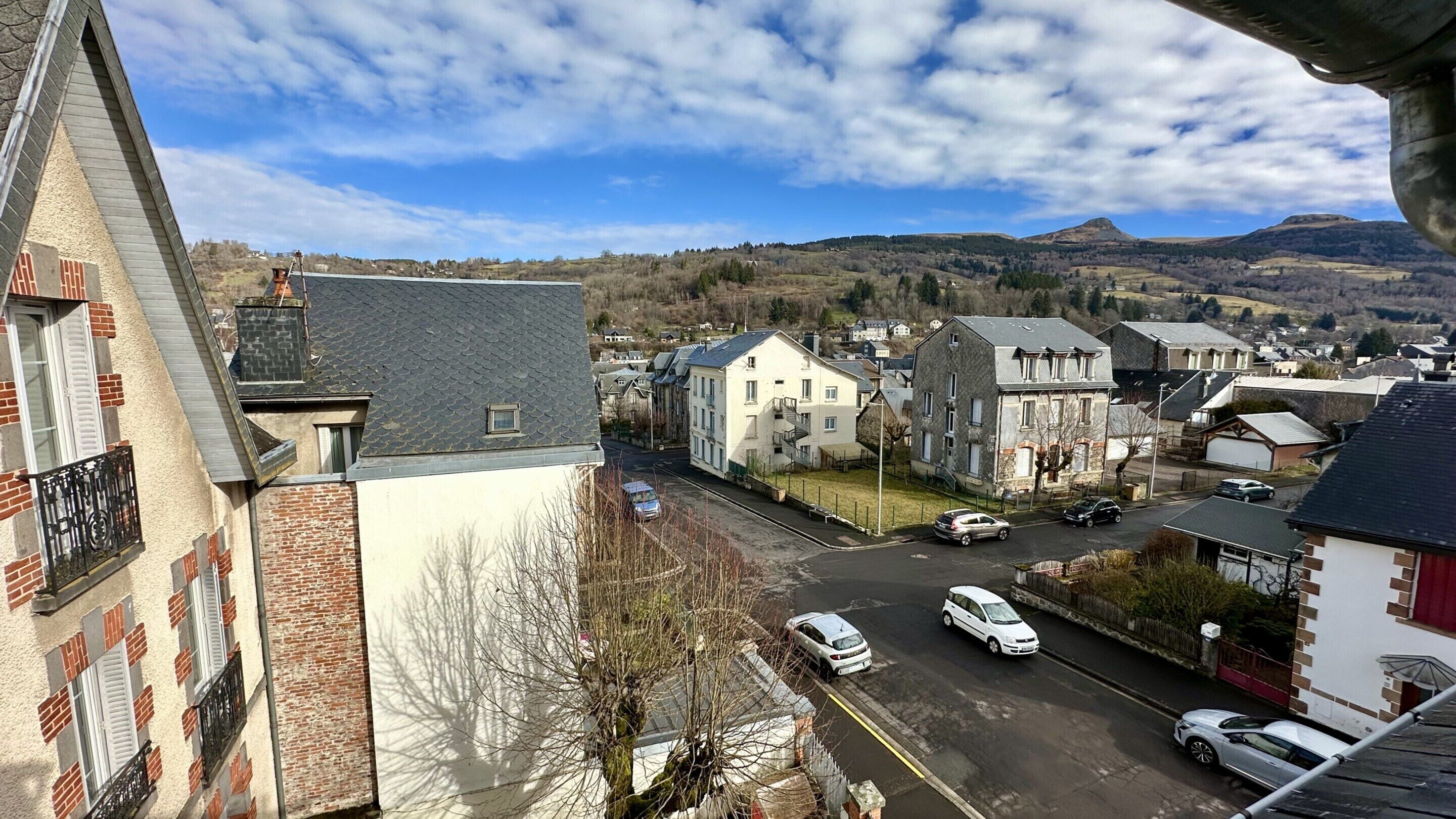 Eine Wohnstraße mit Häusern, blauem Himmel und einem Berg im Hintergrund.