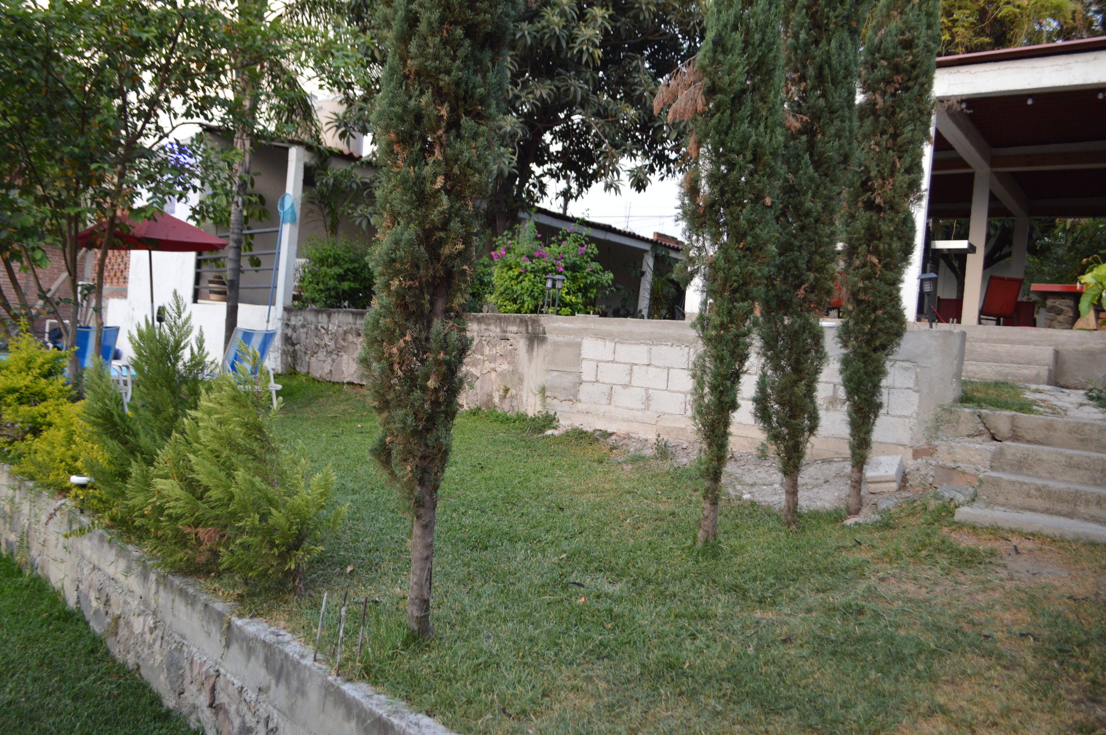 Un quartier résidentiel avec un mur en pierre, une pelouse verdoyante et quelques arbres.
