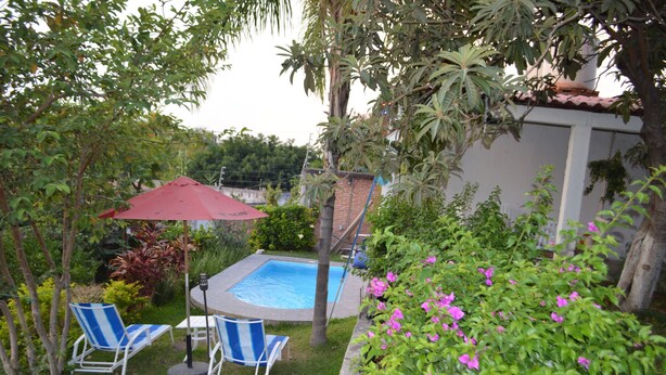 Un jardin avec une piscine, deux chaises longues, un parasol rouge et diverses plantes.