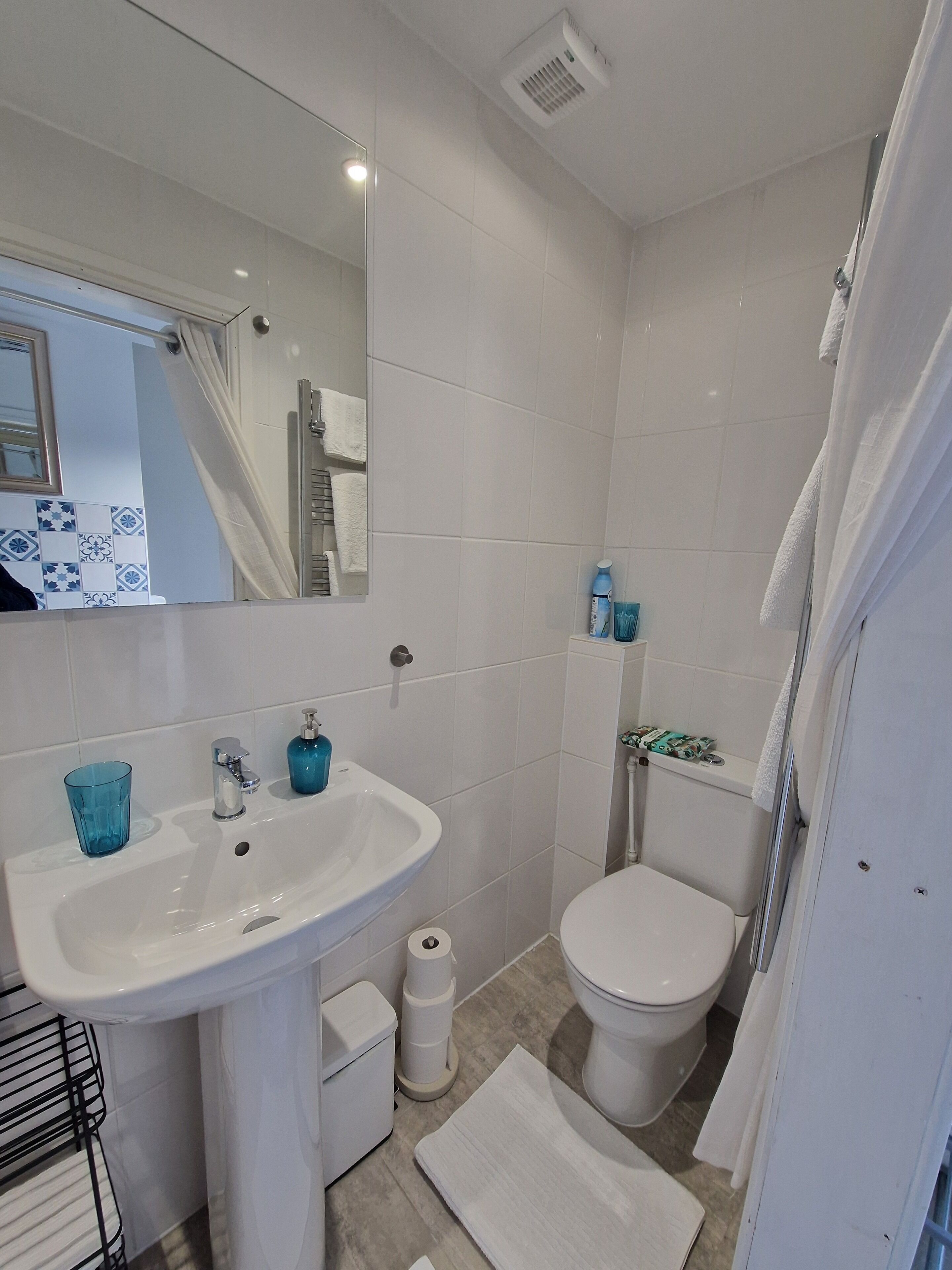 Hair dryer, towels, soap, toilet paper