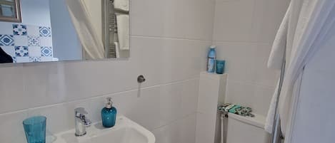 Secadora de cabello, toallas, jabón, papel de baño