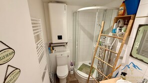 A bathroom with a toilet, a shower enclosure, a radiator, and a wooden ladder leaning against the shower wall. - Bright Area Near the Park Entrance (Mont-Dore)