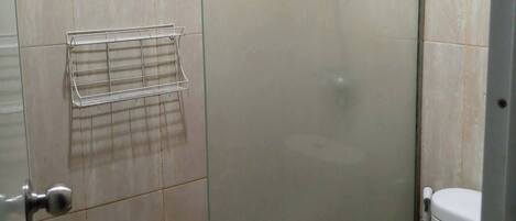 Ein kleiner, abgeschlossener Duschbereich mit Glasduschtür, einem Metallhandtuchhalter und einer Toilette.