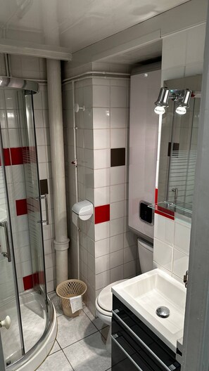 A modern bathroom with a glass shower enclosure, a toilet, and a sink with a mirror. - Charming Mont-dore Duplex Stay (Mont-Dore)