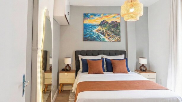 Quarto moderno com uma cama grande, uma pintura de uma paisagem costeira e um espelho.