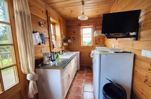 Fridge, microwave, oven, coffee/tea maker