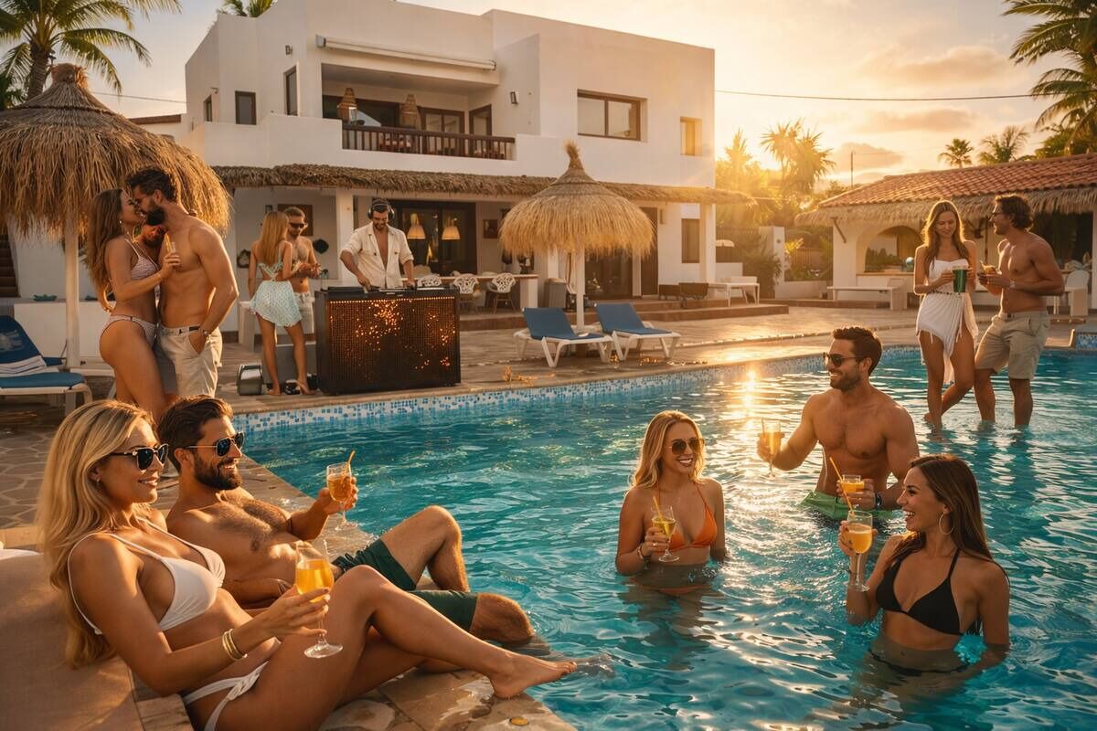 A poolside area with lounge chairs and umbrellas, a DJ booth, and people socializing by the pool.