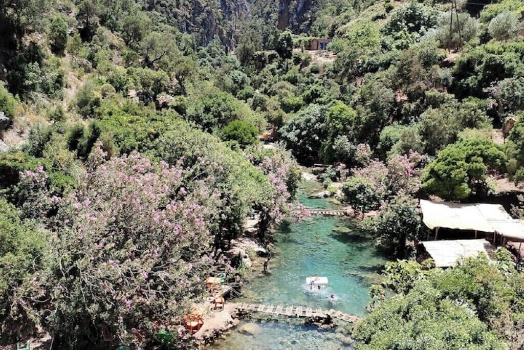 A natural landscape with a river, trees, and a bridge.