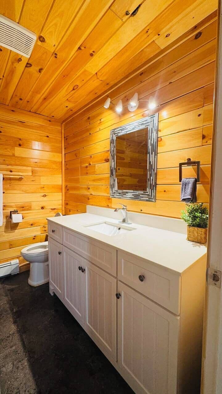 A wooden-paneled bathroom with a white vanity, a mirror, and a small plant.