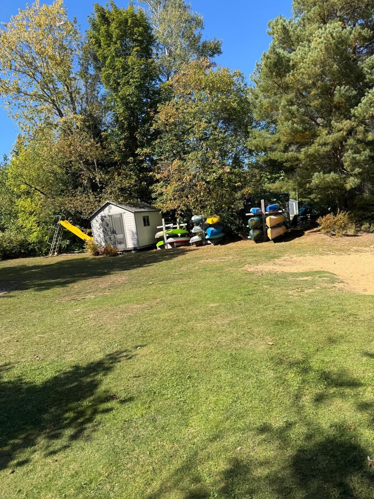 A grassy area with a small shed, kayaks, and a yellow ladder.