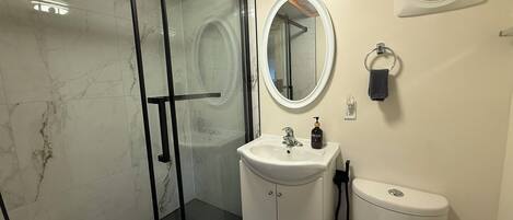 Baño con cabina de ducha de vidrio, lavabo con espejo y un inodoro.