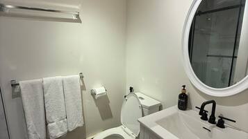 Une salle de bain équipée de toilettes, d’un lavabo, d’un miroir et d’un porte-serviettes.