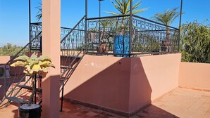 A rooftop terrace with a wrought iron railing, potted plants, and a clear blue sky.