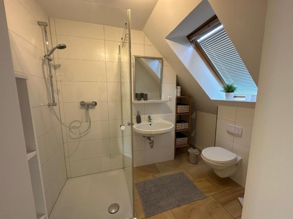 A compact bathroom with a glass shower enclosure, a sink, a toilet, and a small skylight.