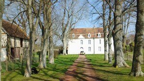 Een pad dat leidt naar een wit gebouw met een rood dak, omringd door bomen.