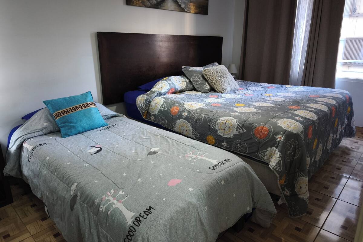 Een slaapkamer met twee bedden, een schilderij aan de muur en een raam met gordijnen.