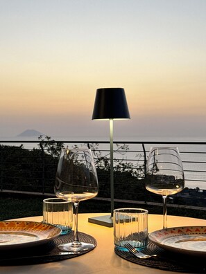 Outdoor dining - Sunset over Stromboli | Private sea-view patio (Drapia)