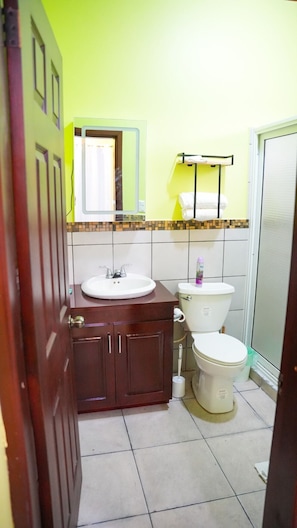 Shower, hair dryer, towels, soap