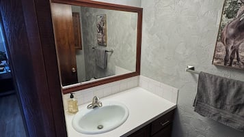 Hair dryer, towels, soap, toilet paper