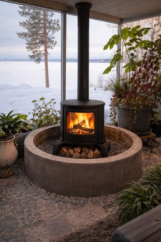 Modern lake house with outdoor bathtub and fireplace - quiet location