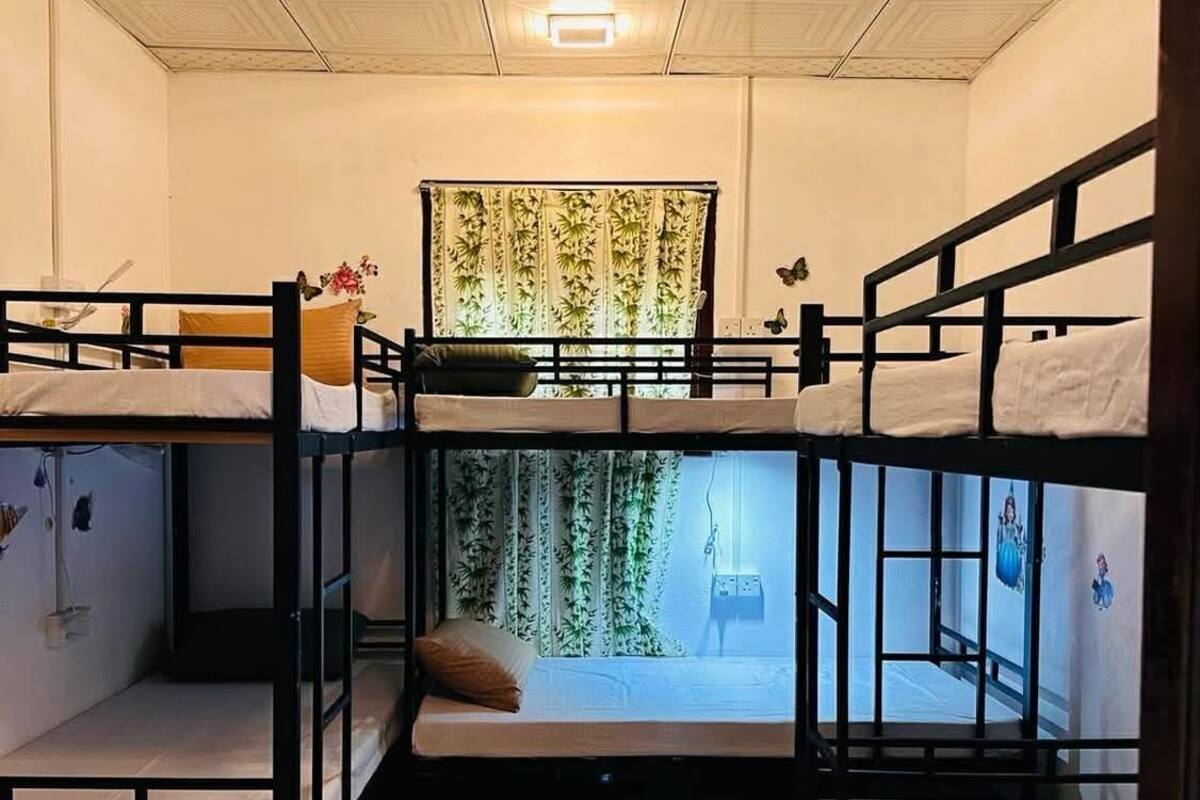 Un dormitorio con literas, ventilador de techo y ventana con cortinas.