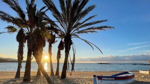 A beach scene with a boat named "S'CLAIR" and palm trees. - 🌅 ST CLAIR  LAVANDOU  EXCEPTIONAL PENTHOUSE  TOP FLOOR  180° PANORAMIC SEA VIEW (LE LAVANDOU)