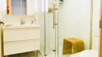 Shower, hair dryer, bidet, towels