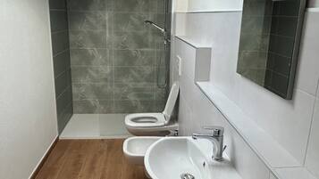 Douche, sĂšche-cheveux, bidet, serviettes fournies