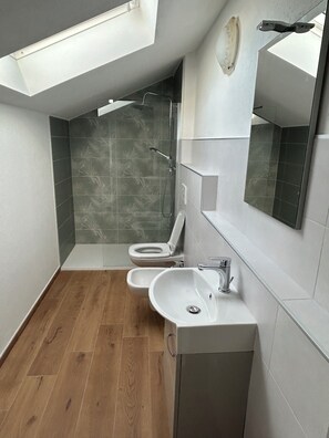 Shower, hair dryer, bidet, towels