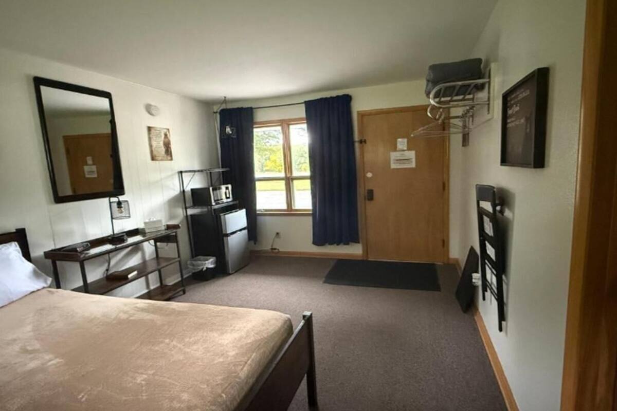 A hotel room with a bed, a desk, a dresser, a mirror, a window with curtains, a door, and a wall-mounted shelf.