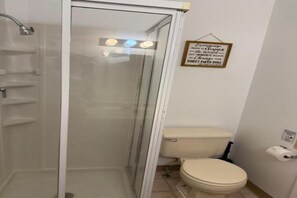A bathroom with a glass-enclosed shower, a toilet, and a wall-mounted toilet paper holder.