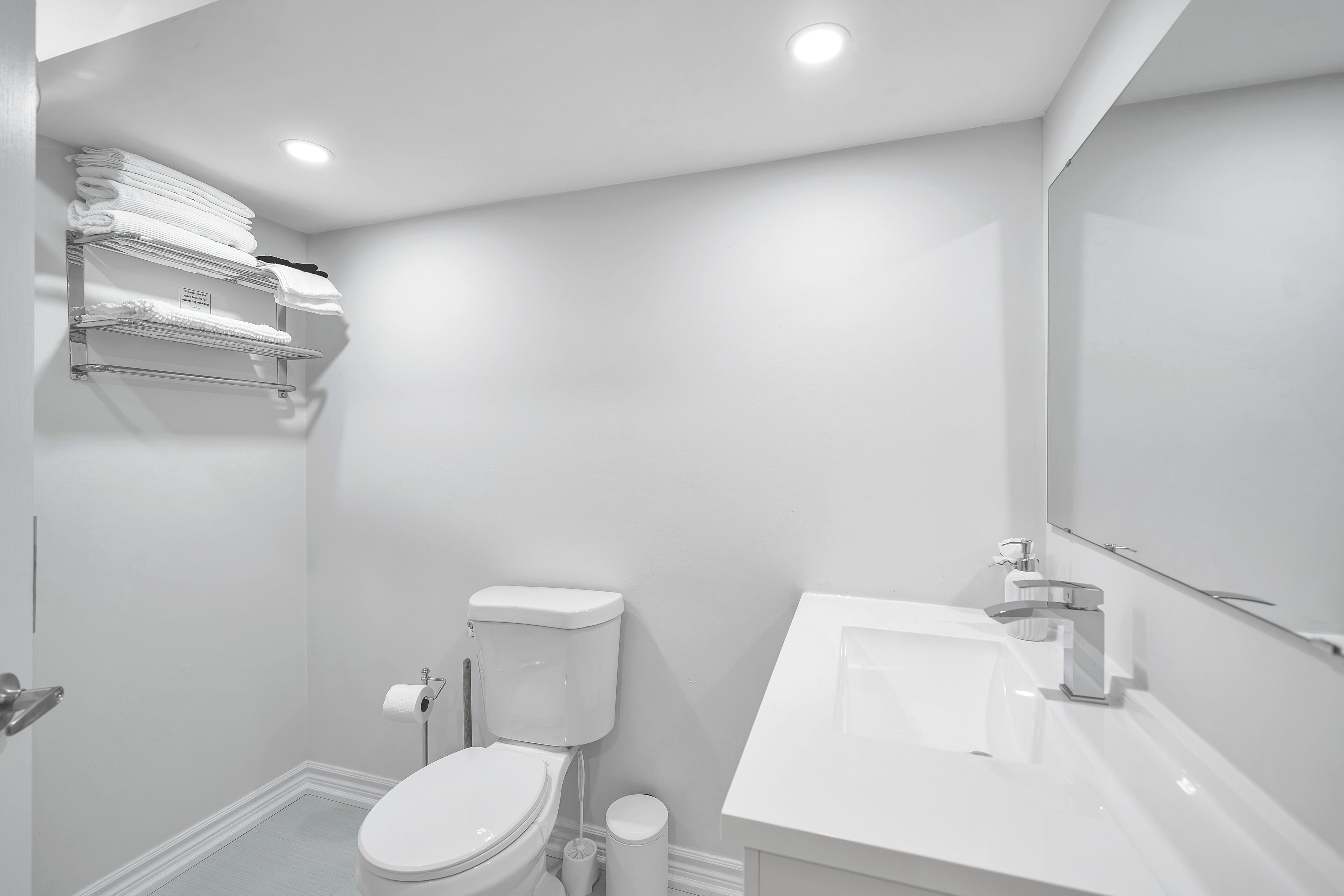 Shower, towels, soap, toilet paper