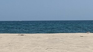 Een strand met uitzicht op de oceaan en een zandstrand.