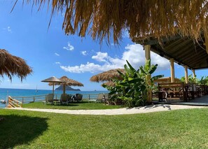 A beachside resort with thatched umbrellas, lounge chairs, and a view of the ocean. - 2-br Countryside Apartment in Mouzaki (Zakynthos)