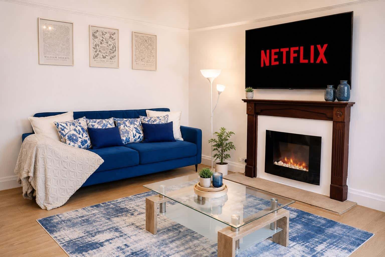 TV, fireplace, offices