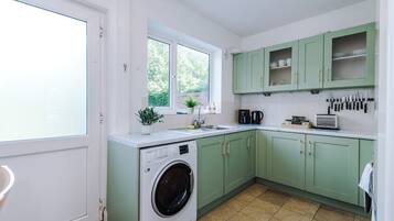 A compact kitchen with a washing machine, a sink, and green cabinets.