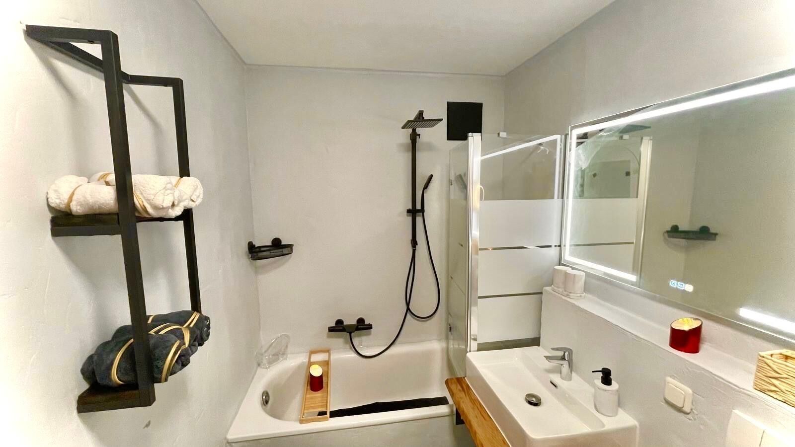 Hair dryer, towels, soap, toilet paper