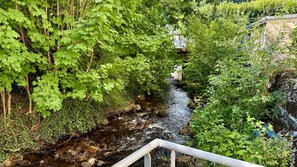 A stream flowing through a lush, green area with dense foliage and a stone bridge. - La Rive Gambetta La Bourboule 4 Pers (La Bourboule)