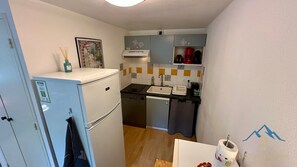Een compacte keuken met een koelkast, een gootsteen en een klein aanrecht. Er is een raam met uitzicht op gebouwen, en een wandplank met keukenspullen.