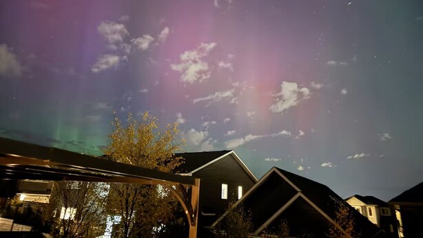A residential area with houses under a night sky featuring the aurora borealis. - Family friendly, super clean & Cozy Walkout basement suite with all amentities (Calgary)