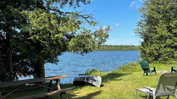 Een picknickplaats aan het meer met een houten bank, een overdekte barbecue en twee groene Adirondack-stoelen.