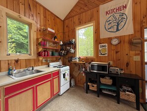 A kitchen with wooden walls, a white stove, a microwave, and a clock. - Loon-R Landing on paddle only Daniels Pond in Glover, Vermont (Glover)