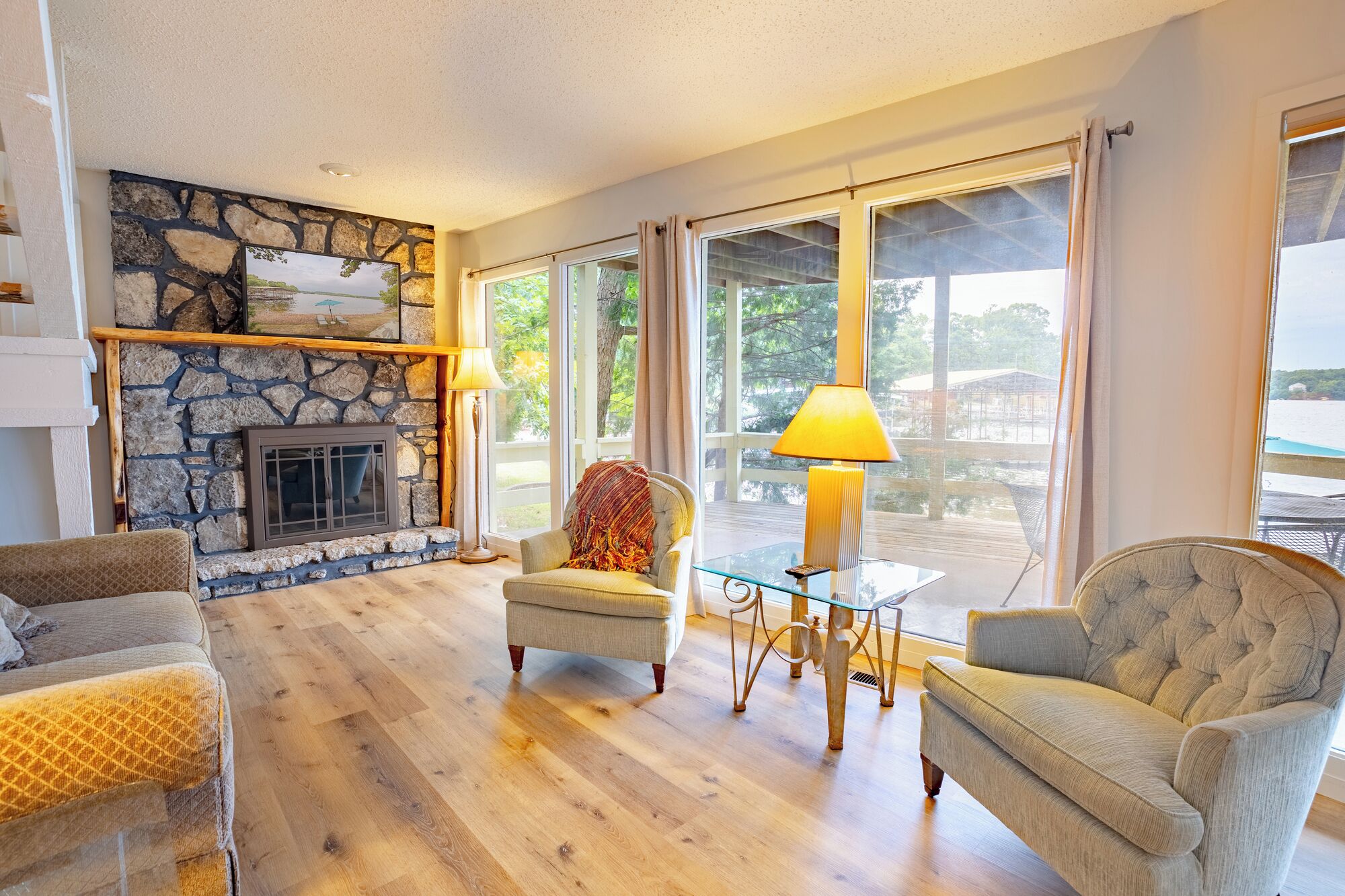 TV, fireplace, books