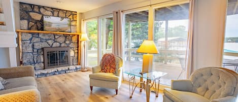 TV, fireplace, books