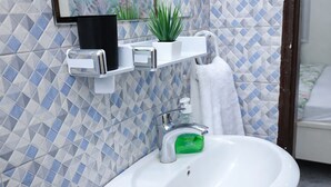 Un bagno con lavandino bianco, rubinetteria cromata e dispenser di sapone. C'è un asciugamano su un portasciugamani e una pianta in vaso sulla parete.