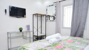 Una camera da letto con un letto, una TV, una scrivania con una pianta e uno specchio.