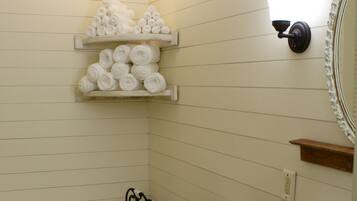 Hair dryer, towels, soap, toilet paper