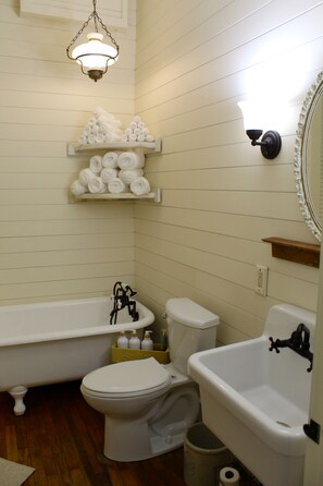 Hair dryer, towels, soap, toilet paper