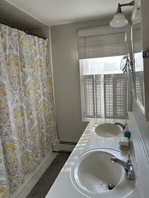 Hair dryer, towels, soap, toilet paper