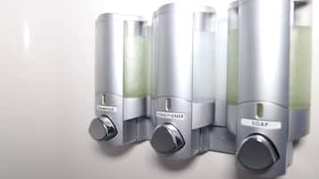 Hair dryer, towels, soap, toilet paper